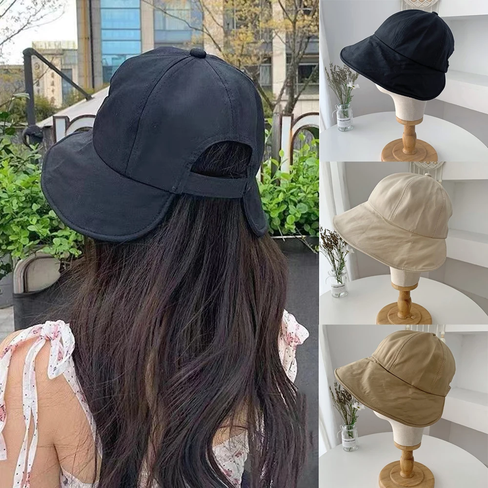 Summer Wide Brim Sunhat Foldable Outdoor Beach Adjustable Bucket Hat Women Sun Hats UV Protection Visors Fisherman Ponytail Caps