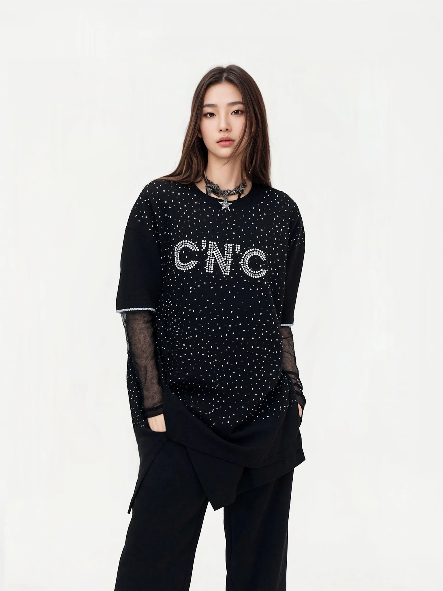 

Черная футболка с молнией на плече, с принтом, имитация двухслойности, французский стиль, хлопок, длинный рукав, круглый вырез