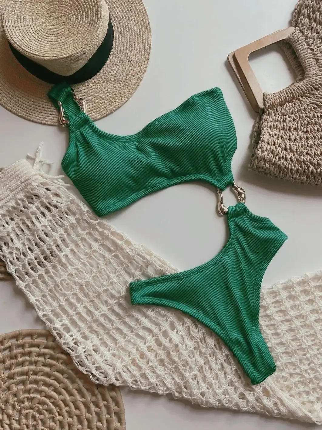 Costume da bagno intero da donna con taglio ad anello sul davanti, taglio alto, costume da bagno sfacciato, monokini, monospalla, a costine