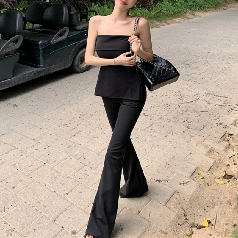 2024 Summer New Off-shoulder Sexy Slim Zipper Tank Tops Women + High Waist Solid Color Casual Wide Leg Pants Two-piece Suit