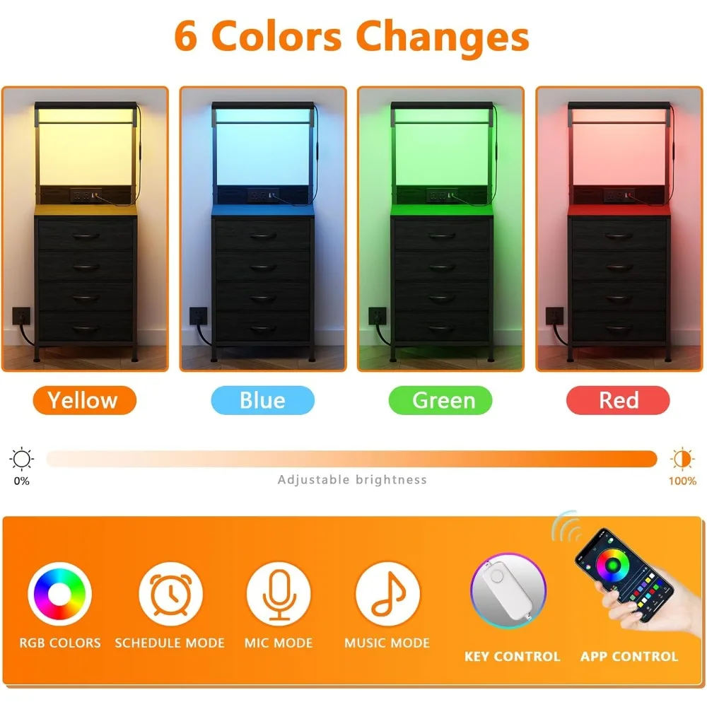 Comodino alto con stazione di ricarica, luci a LED, 4 cassetti e ripiani in tessuto per camera da letto, ufficio (rovere nero)