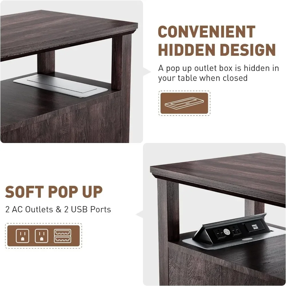 Sofa Table for Living Room Power Outlets & USB Ports End Table With Hidden Charging Station Adjustable Shelf Bedside Tables Side