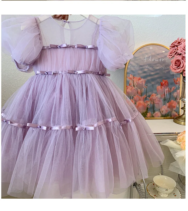 

Children Puff Mesh Sleeves Multiple Horizontal Ribbon Bands Delicate Bowknot Details Skirt Kid Girl Light Purple Tulle Dress