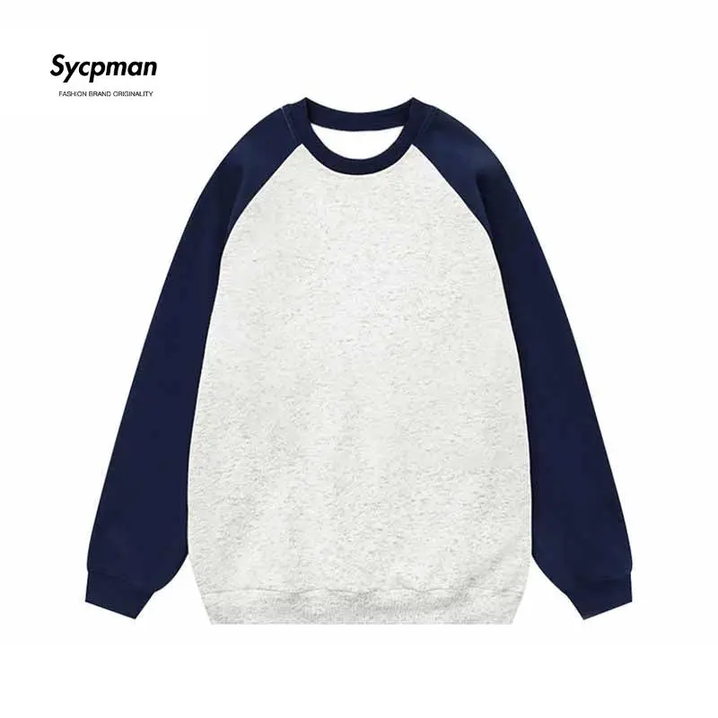 Sycpman 330 Grams Color Block Loose O-Neck Sweatshirt for Men Autumn Couple Casual Pullover Streetwear