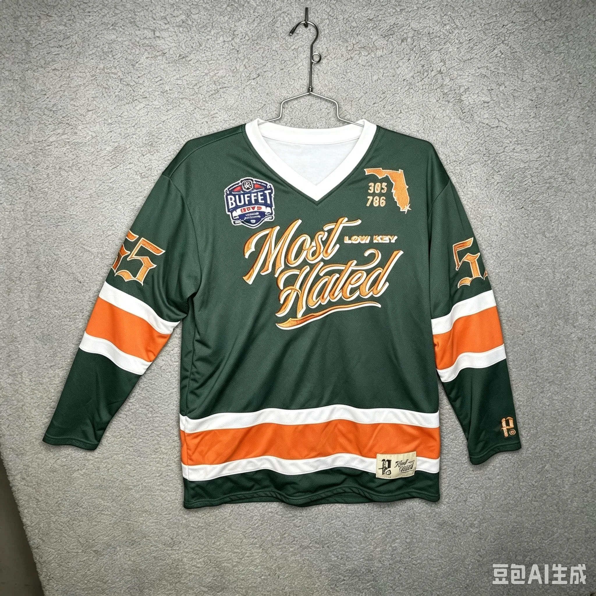 Men Dark Green Striped Hockey Jersey Florida 305 786 Long Sleeve Vintage Streetwear Hip Hop Casual Sports Pullover Shirt Moto