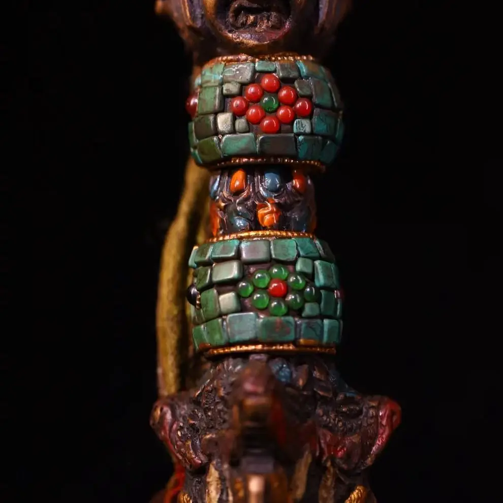 Old Bronze Painted Mosaic Gem gZi Beads Turquoise Hayagriva Buddha head Dorje Vajra Phurpa Six Character Mantra Box Amulet
