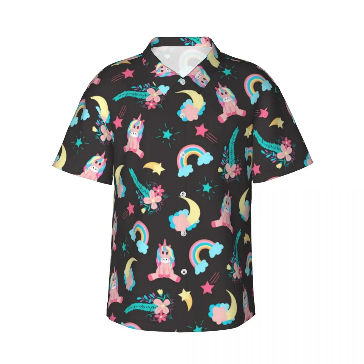 Pink Black Unicorn Casual Shirt Rainbow Floral Stars Trendy Summer Shirts Men Short Sleeve Beach Streetwear Oversized Blouses