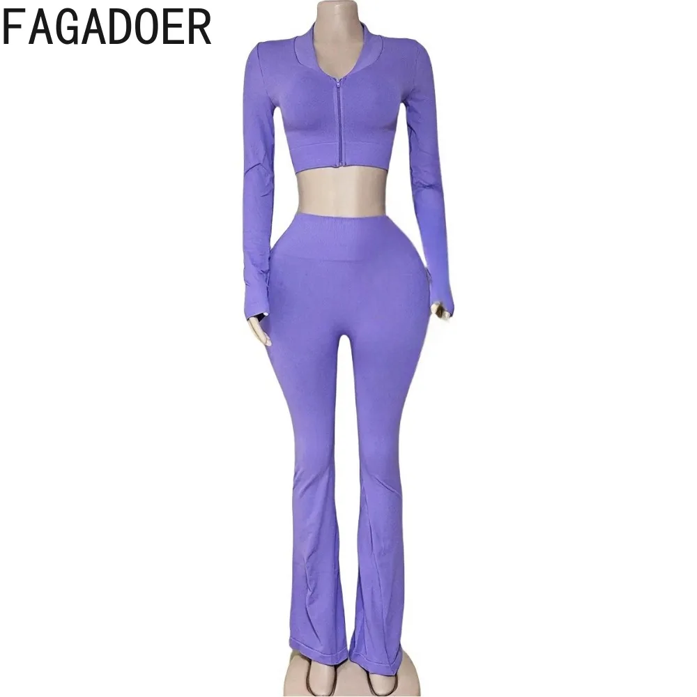 FAGADOER Autumn New Quality 2 Piece Sets Outfit Women Long Sleeve Zip Crop Top + High Waist Flare Pants Suit Sporty Streetwear