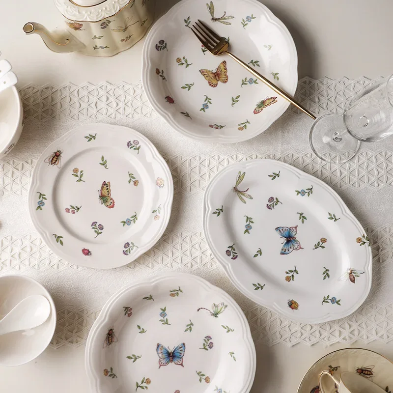 Retro Creative Dragonfly Butterfly Ceramic Tableware Set Personalized Vegetable Plate Western Food Plate Household Noodle