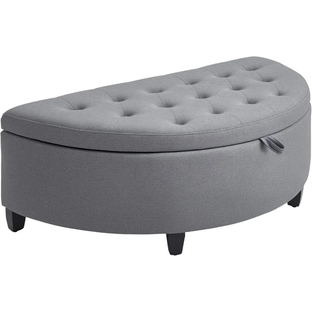 Otomana tapizada de media luna con almacenamiento, banco capitoné con botones con tapa elevable y patas de madera para espacios habitables y entradas