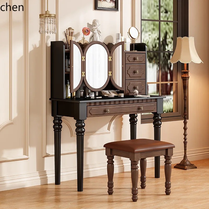 HT Solid Wood Dressing Table Modern Minimalist Bedroom Makeup Table Storage Cabinet Integrated with Mirror Furniture