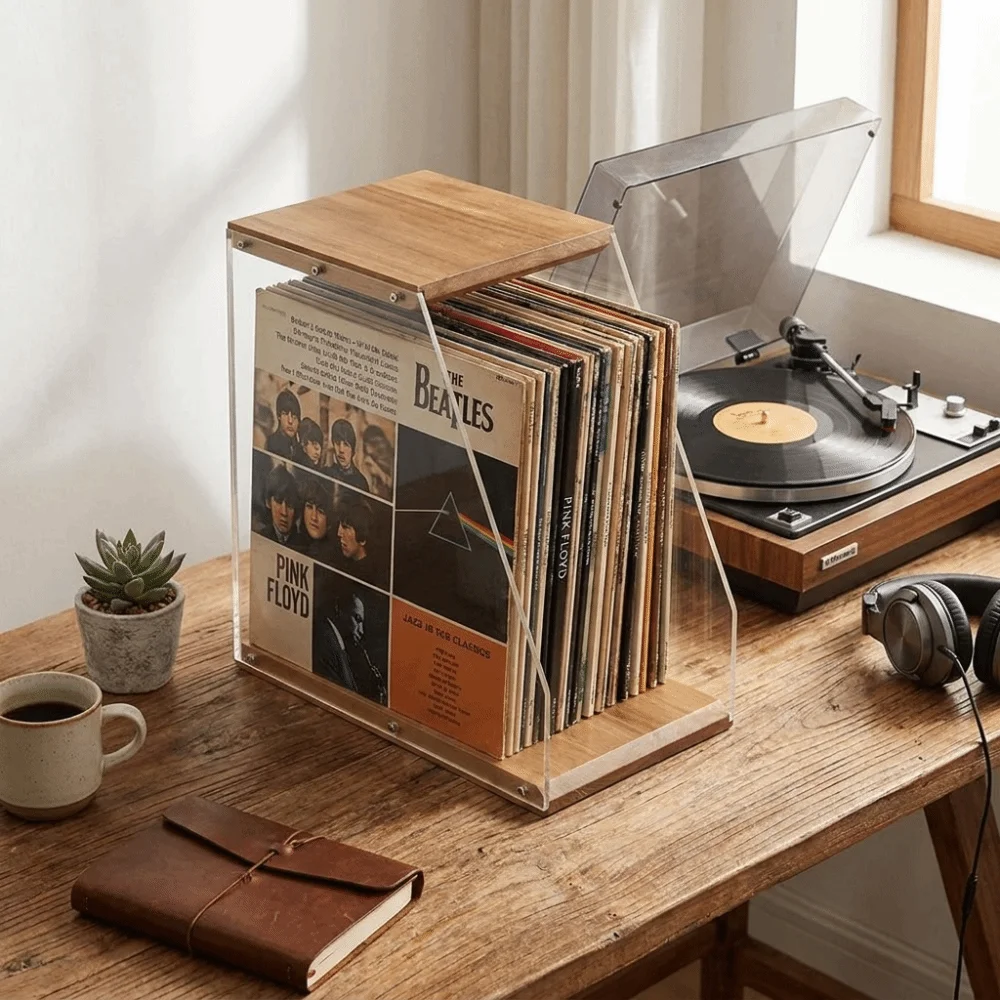 Solid Wood Wooden Record Holder Stable Structure Transparent Design Desktop Storage Rack Clear Display Space-Saving