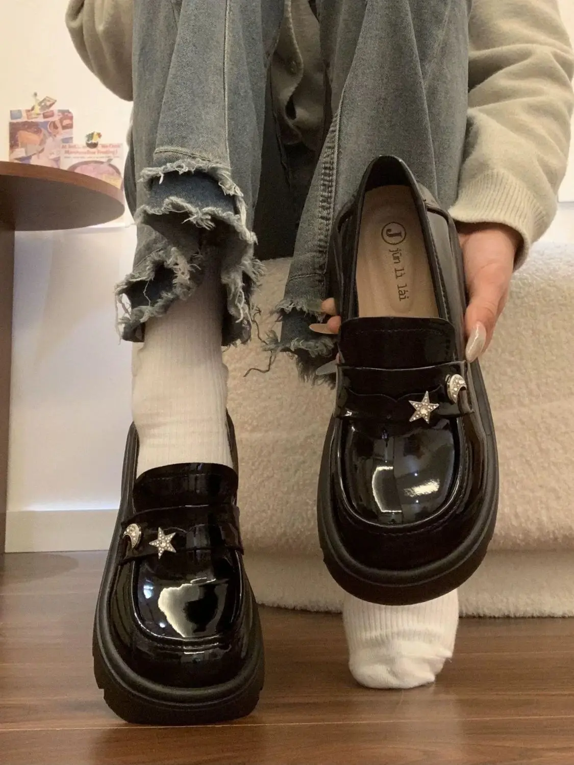

2026 New Women Loafers Japanese Preppy Style Star Moon Rhinestone Thick Sole Uniform Shoes Spring Leather Flats