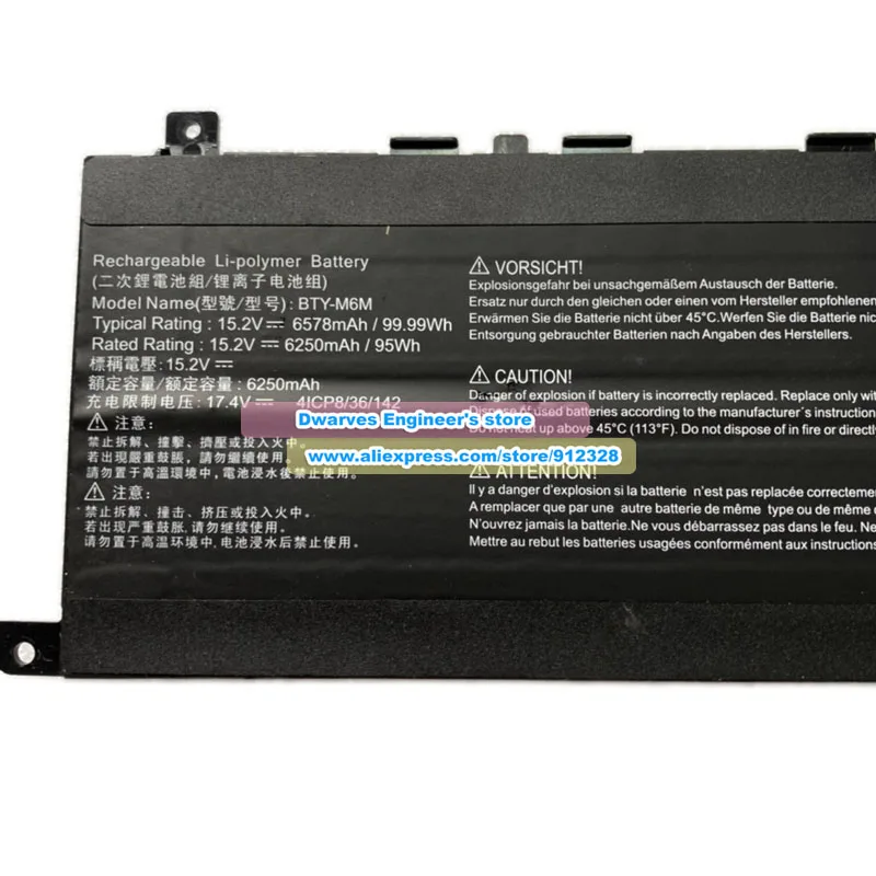 BTY-M6M Battery 15.2V 6578mAh 99.99Wh for Creator 15 MS-16V2 MS-16V1 MS-1541 GE66 Raider GE76 GS66 Stealth 10SFS