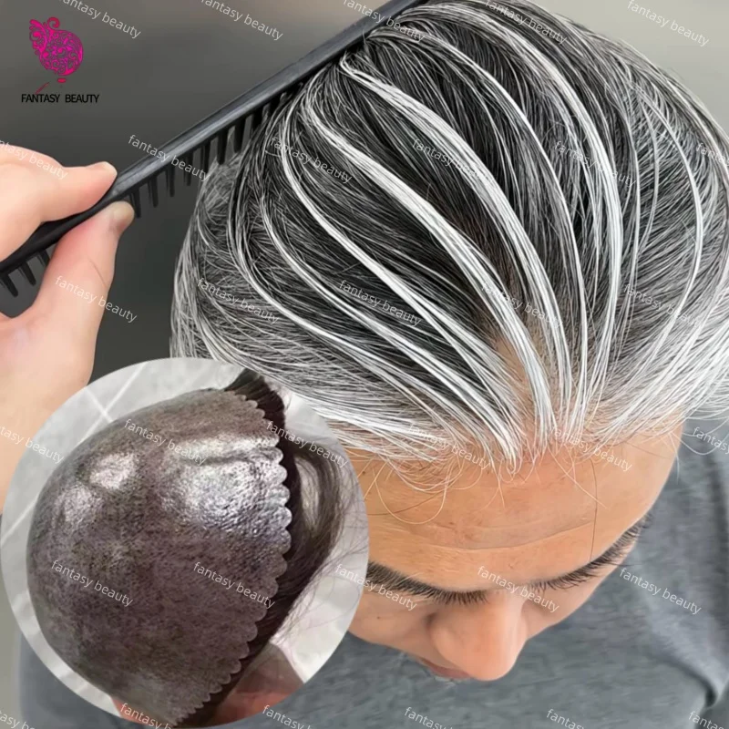 

#1B65#1B80 Grey 0.1mm Injection Men Toupee 130%Density Skin Full PU Men's Wig 100% Indian Human Hair Capillary Prosthesis System