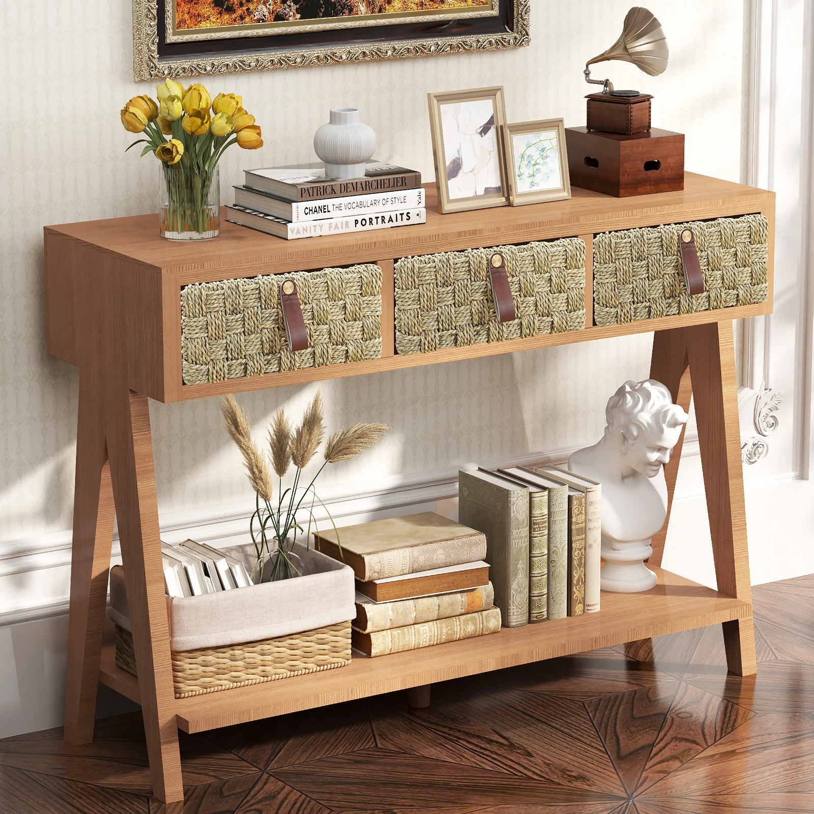 Modern Console Table with Storage for Entryway, Multi-Functional Entryway Table with 3 Drawers, with Open Storage Shelf