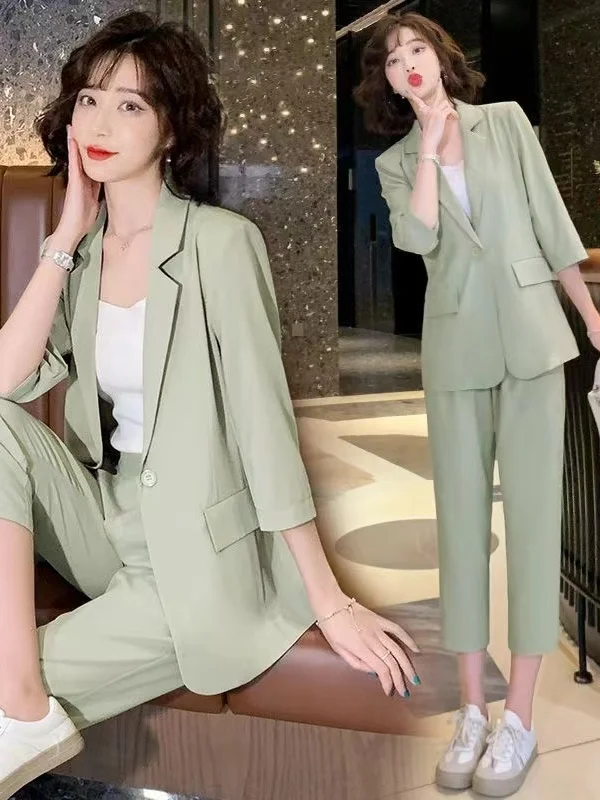 plus Size Women's High-End Professional Suit Set Spring Autumn Elegant Slimming Fashionable Seven-Quarter Sleeve Coat Two-Pie...