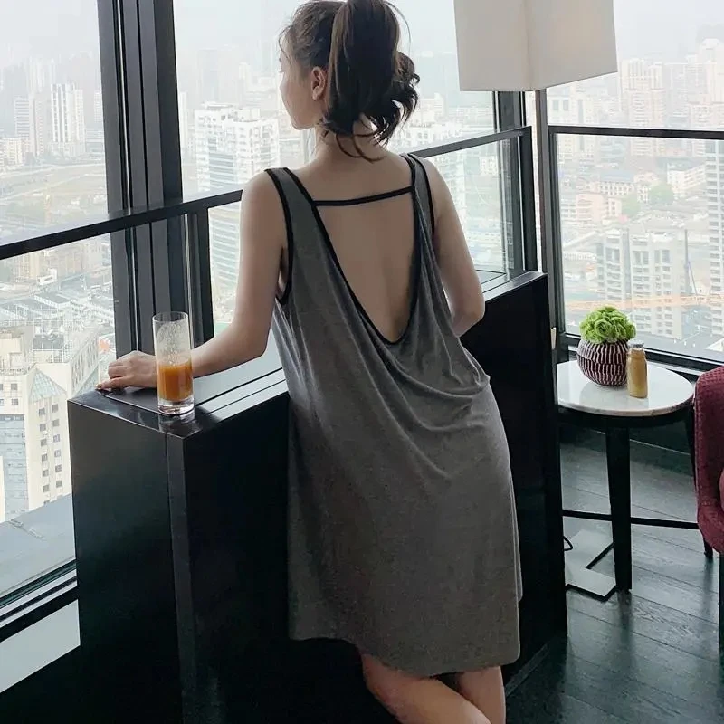 Plus Size 3XL 150kg Casual Night Dresses Women's Sleeveless Backless Nightgown Oversize Sleepwear Sexy Home Wear