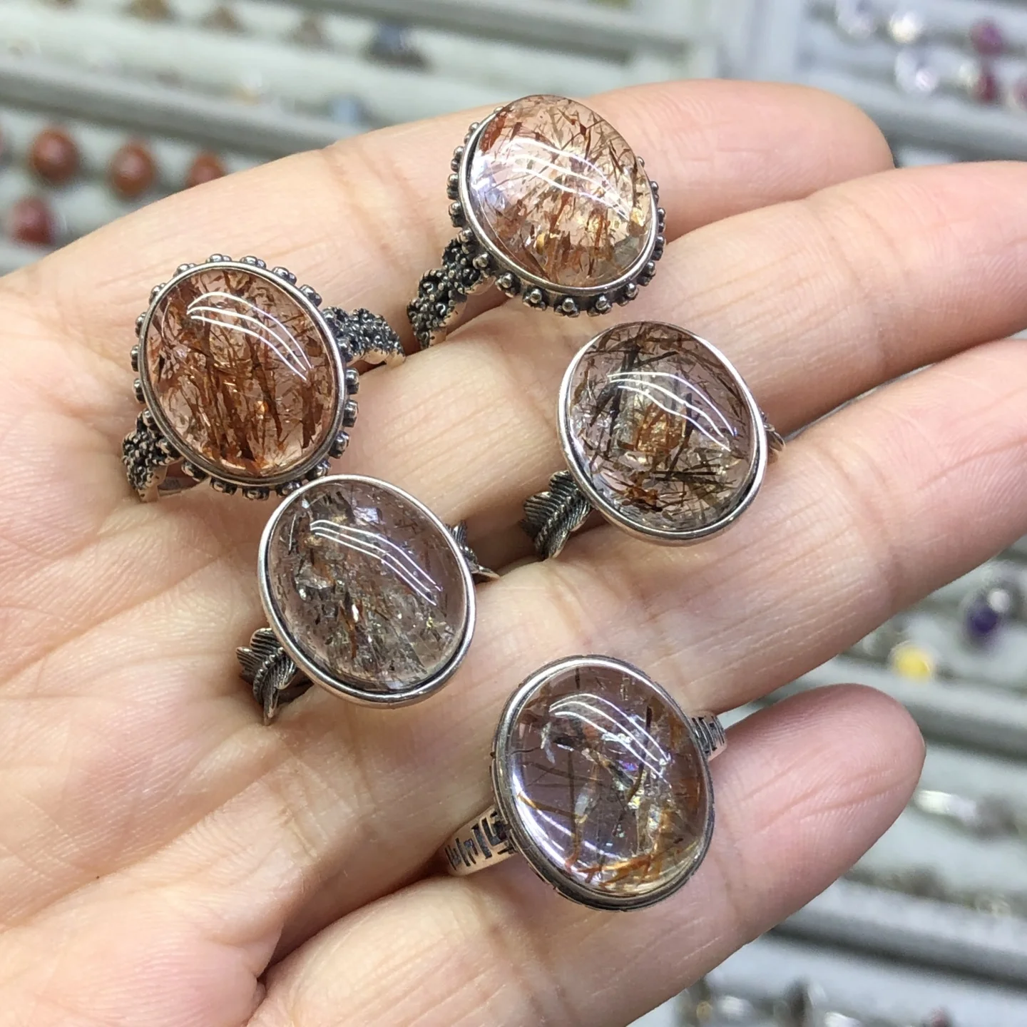 1 Pc Fengbaowu Natural Stone Black Gold Rutilated Quartz Ring 12x16MM Oval Cabochon 925 Sterling Silver Jewelry Gift For Women