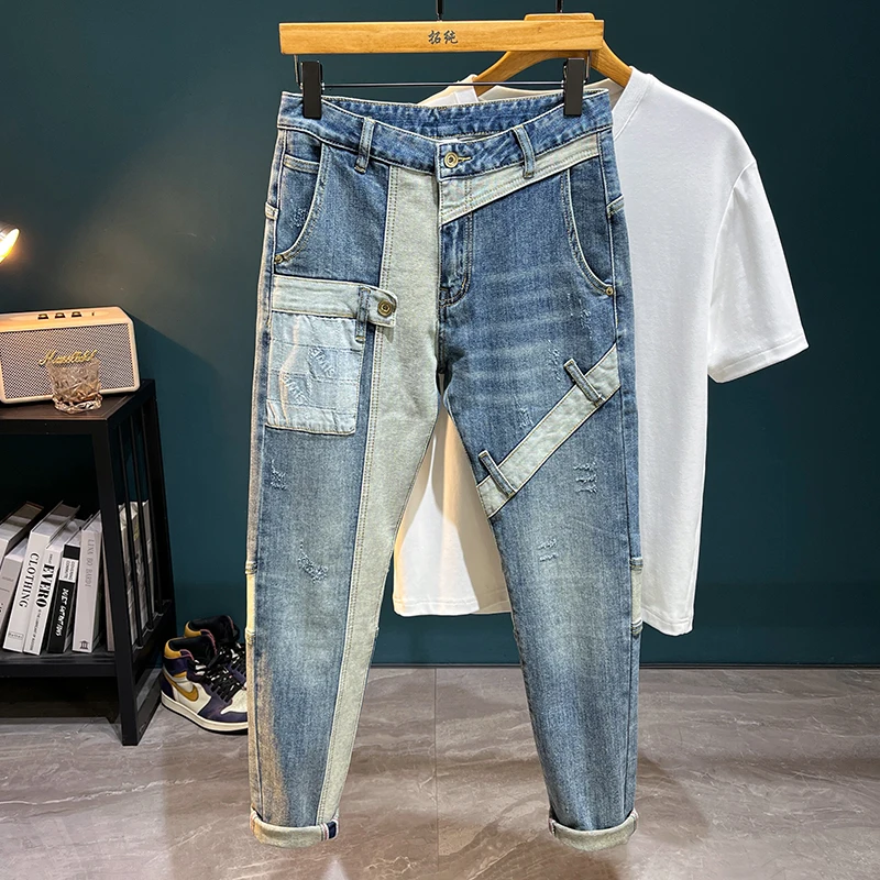 

TC3089 American tide brand jeans men's splicing patch Slim small straight leg pants heavy embroidery plump handsome personality