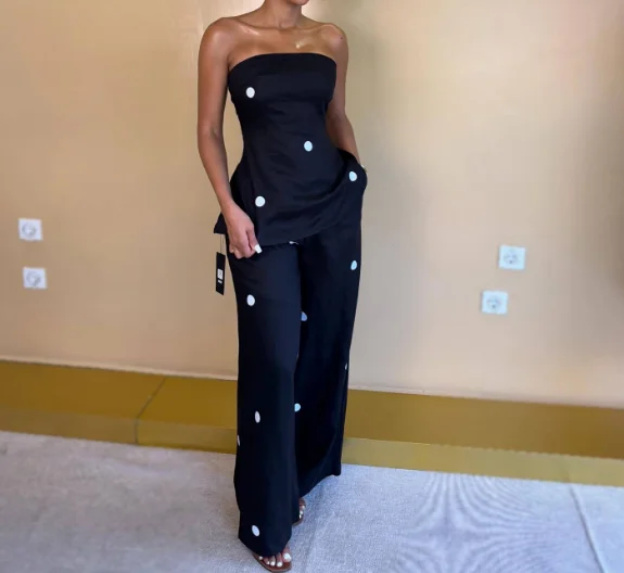 Two Piece Set Women Outfit 2026 Spring Summer New Fashion Polka Dot Print Strapless Back Slit Vest Top & High Waisted Pants Set