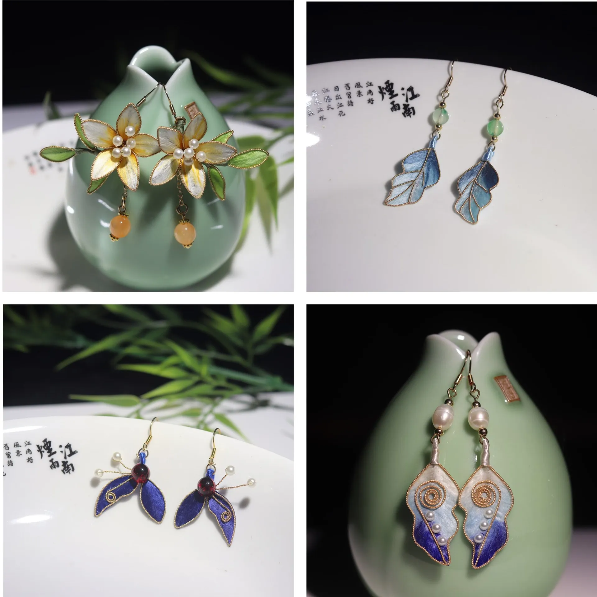 

Intangible cultural heritage filigree edelweiss silk imitation point green earrings Chinese classical style ear jewelry