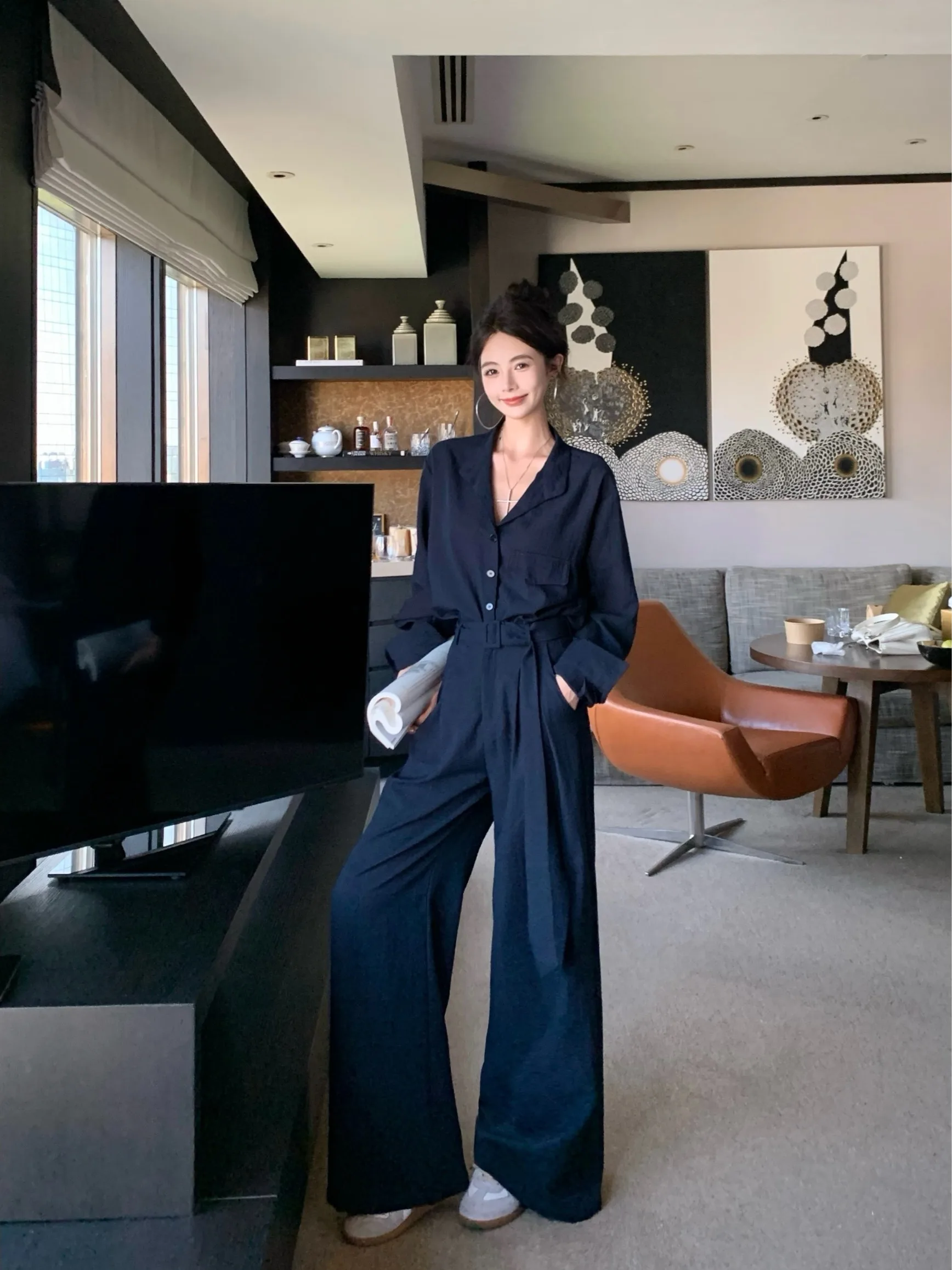 

Модный женский комплект с высокой талией и длинными рукавами, весна 2026, новинка, защита от солнца, широкие брюки, костюм-двойка, элегантный, для офиса/повседневной носки