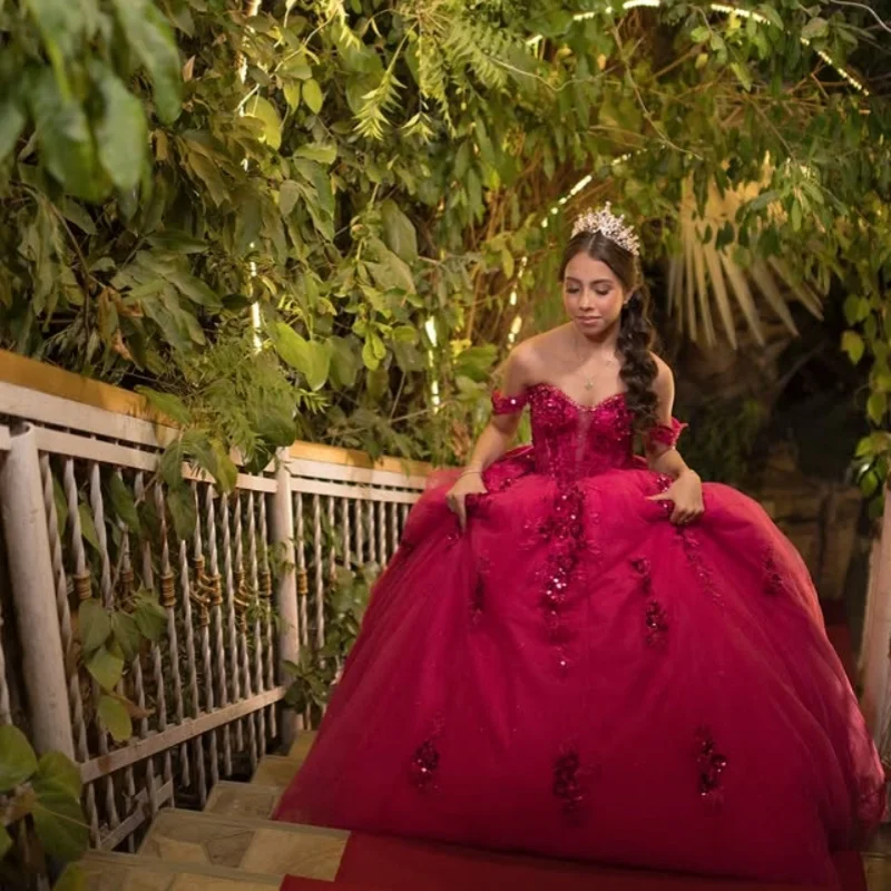 Robes De Quinceanera rose foncé brillant personnalisées, épaules dénudées, paillettes appliquées, nœud en dentelle, 15