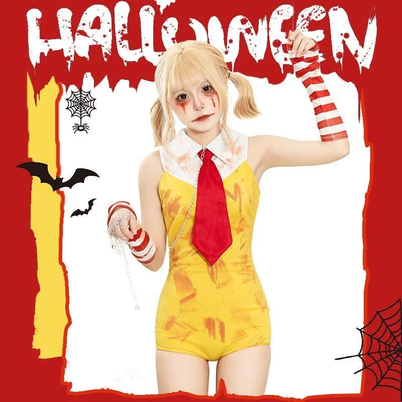 Giallo Clown Girl Stage Par Tutina Cosplay Gioco di ruolo Set completo loween Costume Faion da donna nuovo arrivo Materiale PU
