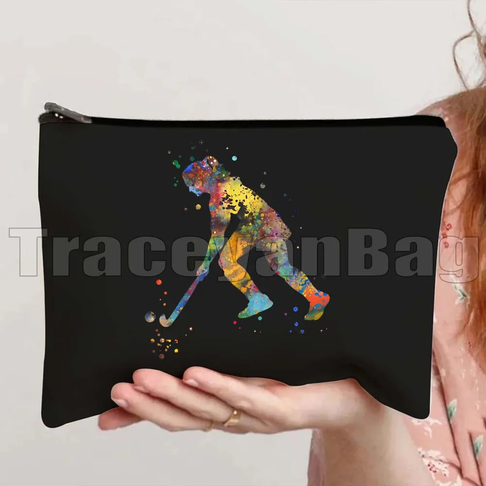 女の子のための水彩キャンバス化粧品バッグ,カラフル,フィールドホッケープレーヤー,旅行,メイクアップ,トイレバッグ,ペンシルケース,ポーチ,ギフト