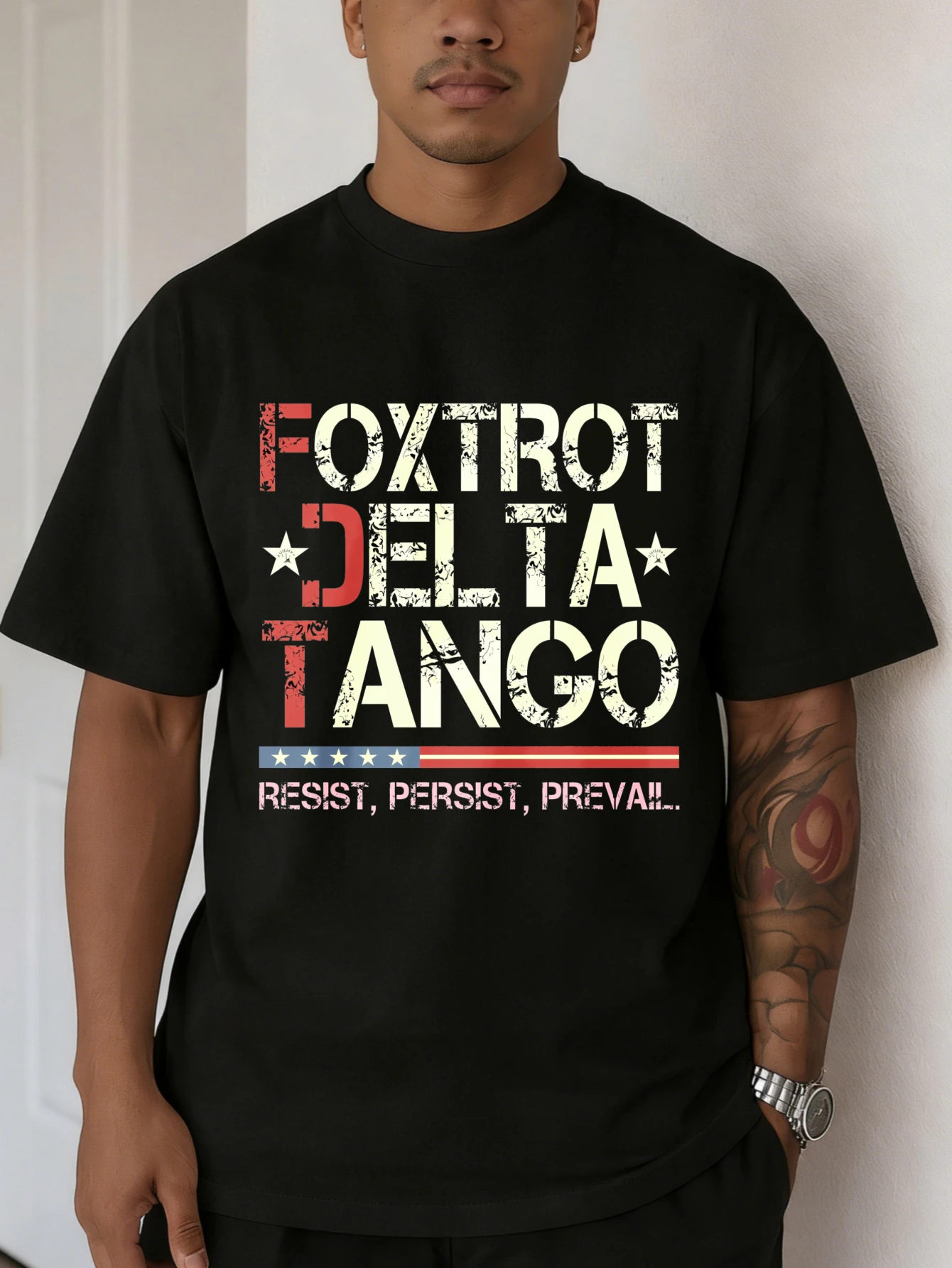 

Мужская хлопковая футболка с графическим принтом - FOXTROT DELTA TANGO Resist Persist, с коротким рукавом, стандартного кроя, летняя повседневная футболка для мужчин