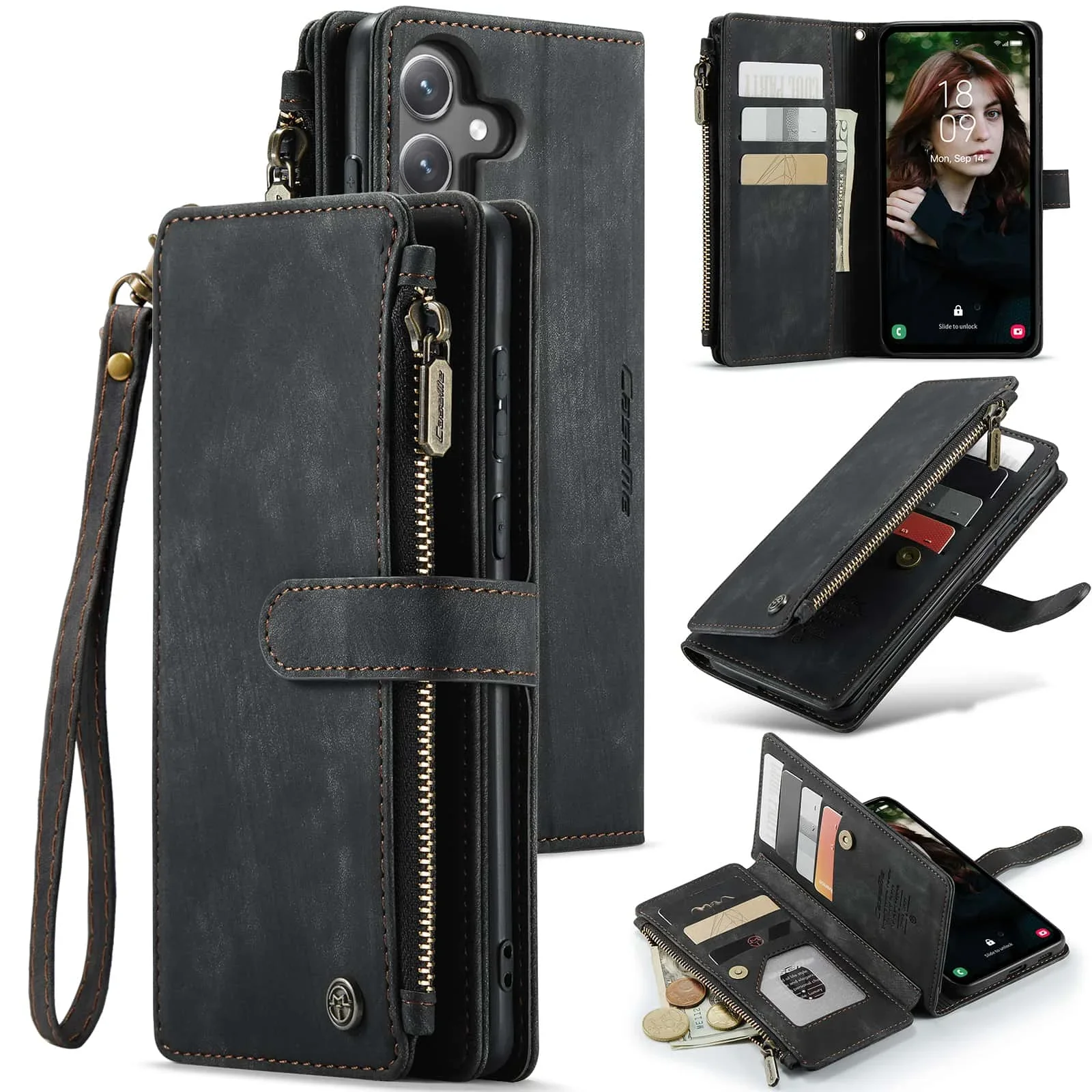 

For Samsung Galaxy S24 FE Case, Wallet Case for Women Men, Durable PU Leather Magnetic Flip Strap Wristlet Zipper Card Holder