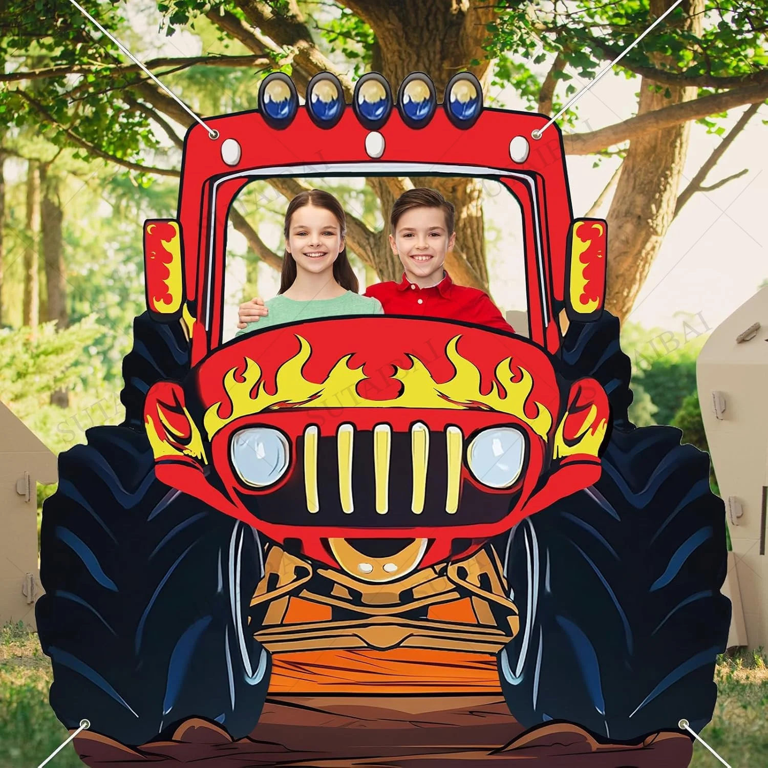Monster Truck Photo Banner Booth Puntelli Grande mostro Foto Sfondo Decorazioni per feste Enorme mostri Truck Sfondo Banner Gioco divertente