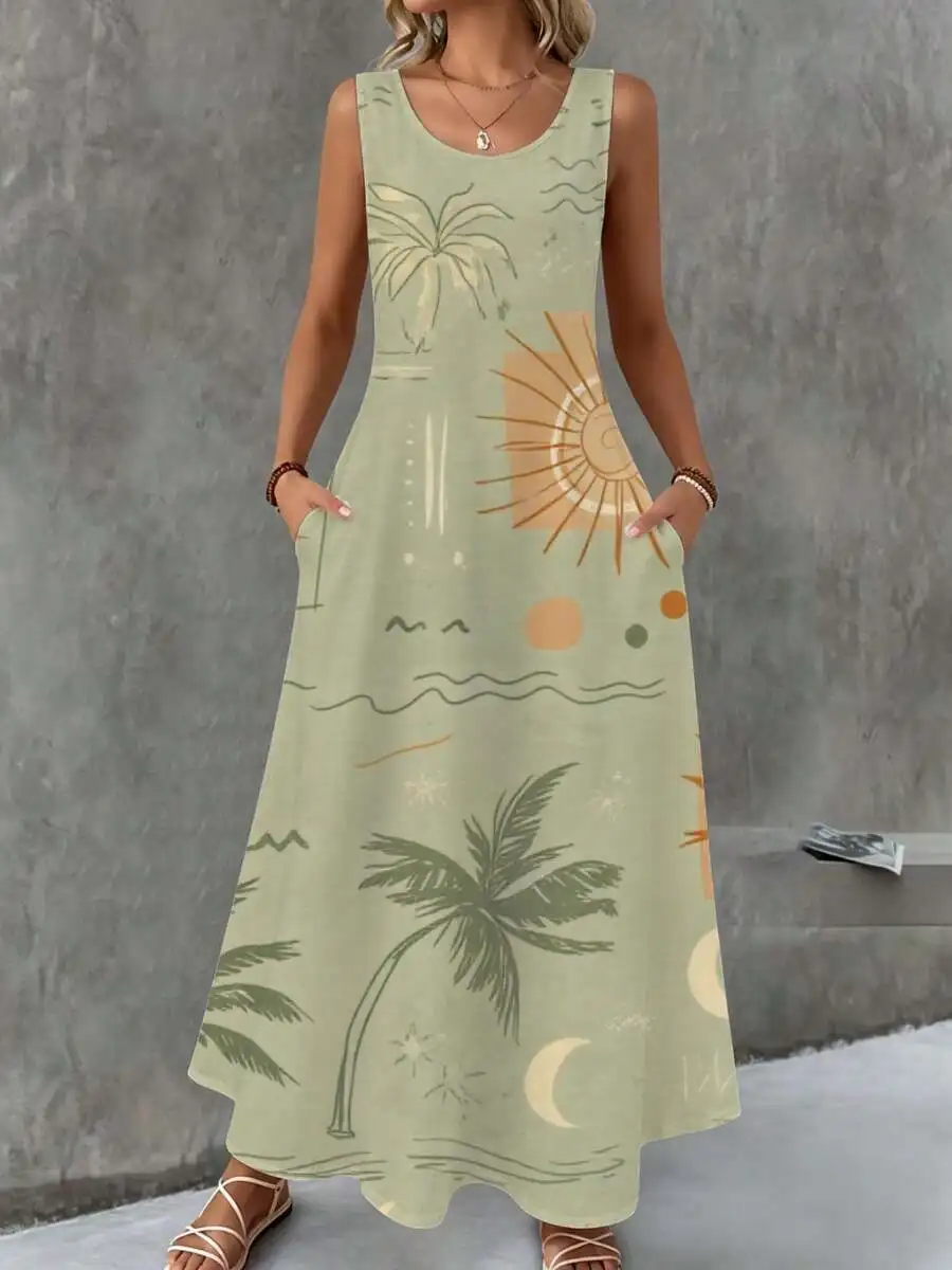 

Sleeveless Maxi Dress Light Green Palm Tree Sun Print Beach Summer