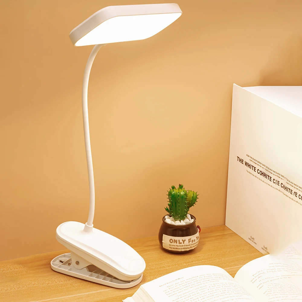 Table Lamp with Clip USB Rechargeable Desk Lamp Bedside Night Light Three Level Dimming Eye Protection Desk Lamp for Bedroom