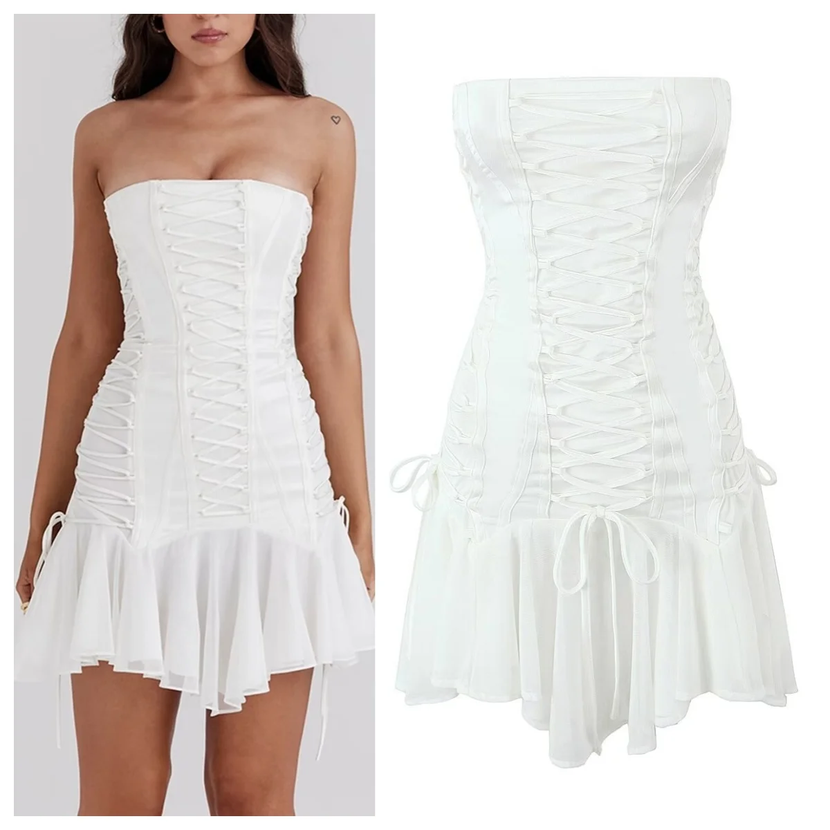 

French retro niche design strappy mesh splicing sexy tube top dress female fashion slim fit hot girl short skirt