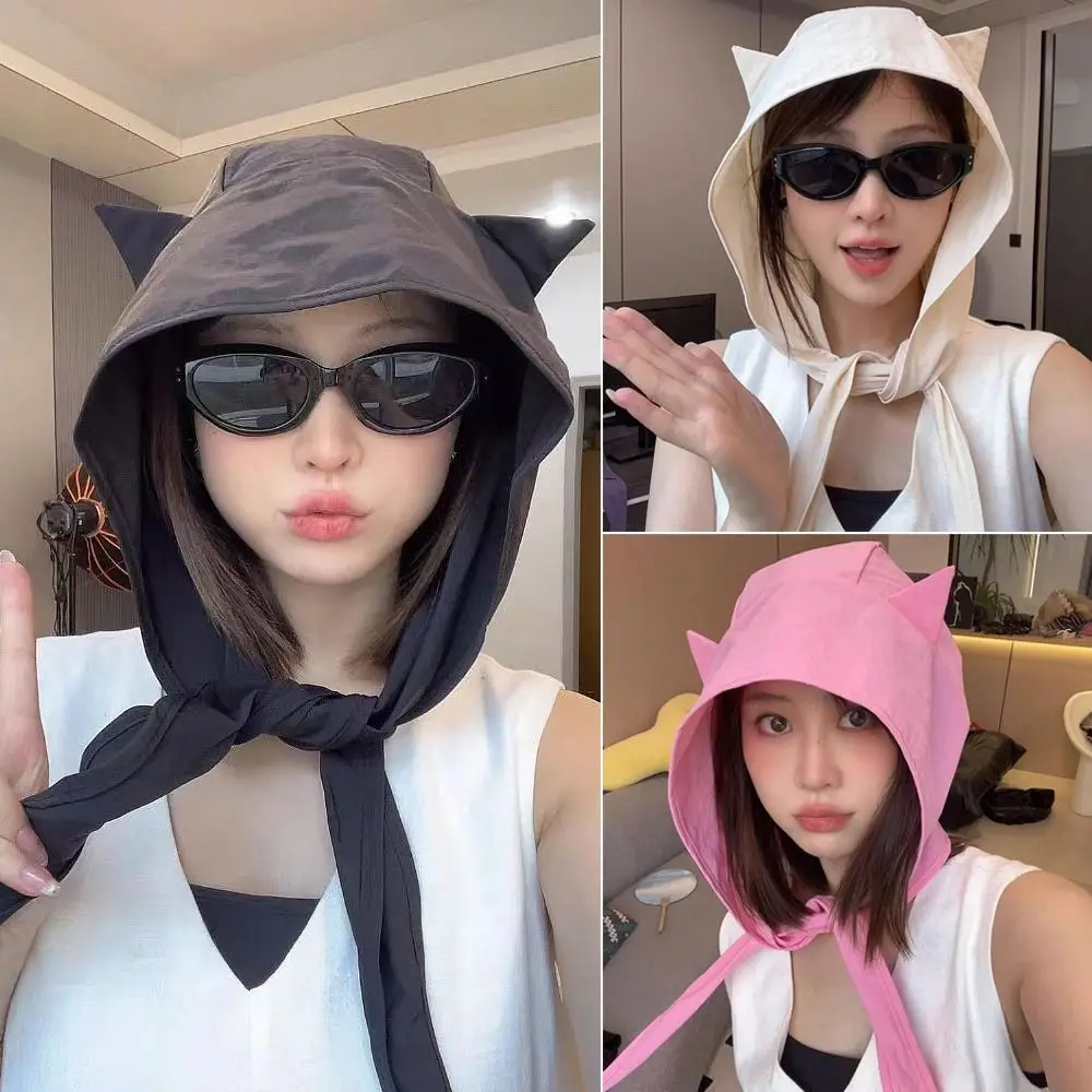 

Funny Solid Color Little Devil Hat Fast-drying Pullover Style Y2K Shawl Hat Lace-up Shawl Shape Lace-up Pullover Hat Casual Wear