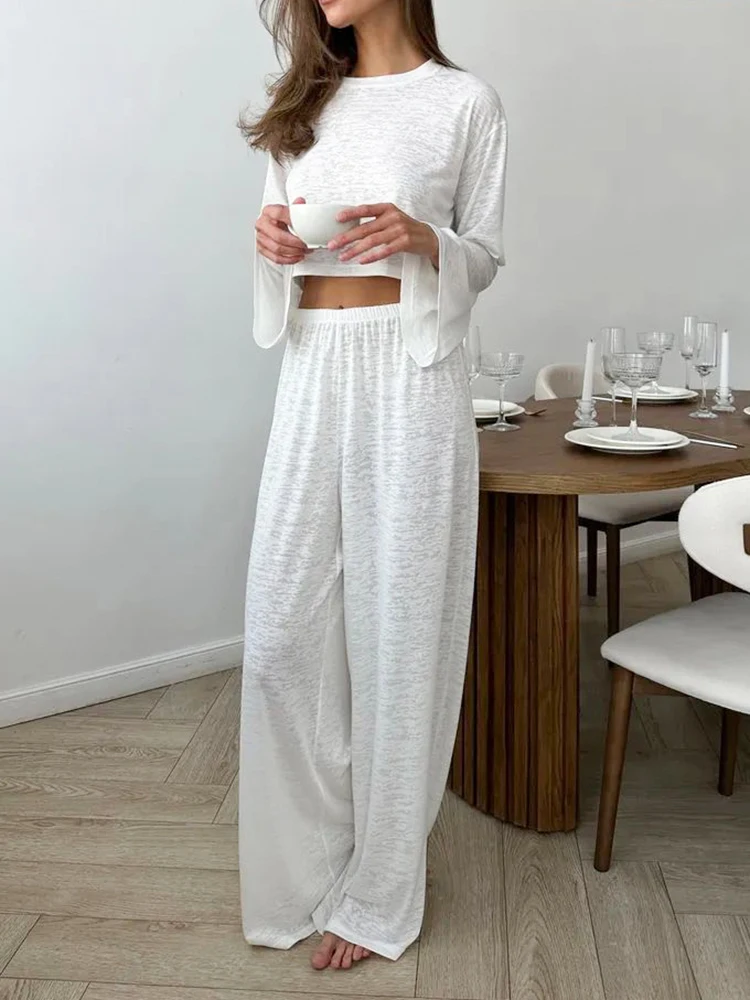 

Hiloc Elegant White Bell Sleeve Crop Top Sets Soft Elastic Waist Floor-Length Pants Outfit Summer Fitted Thin Woman Pajama Suits