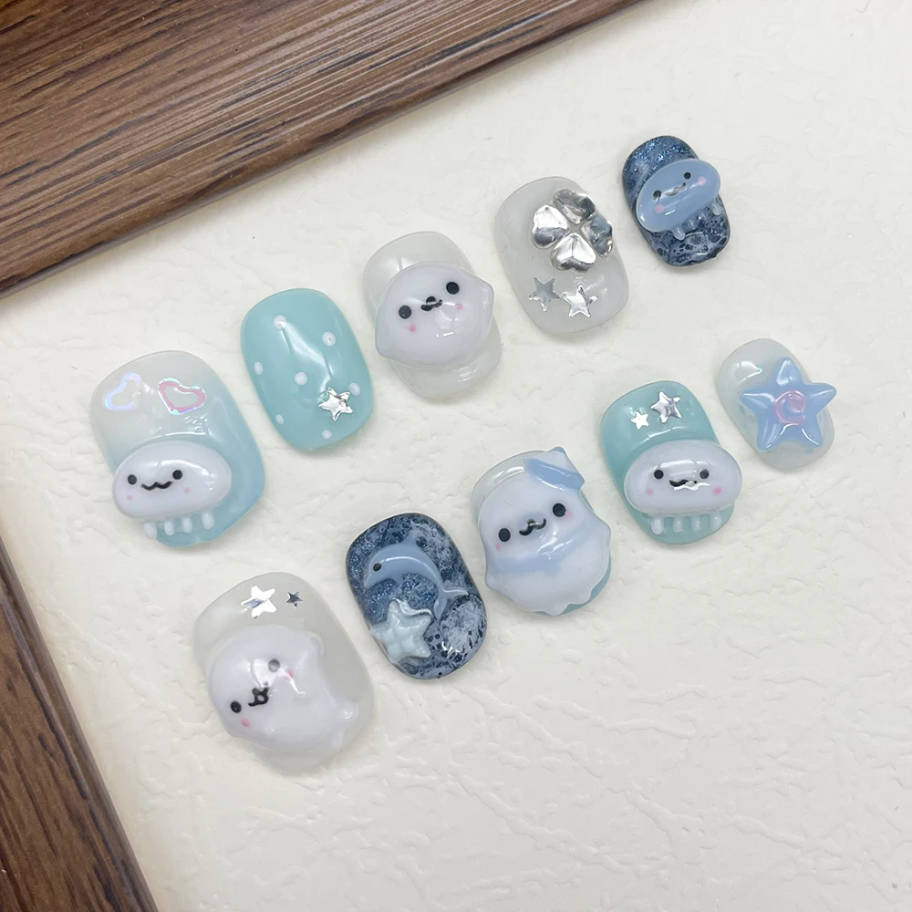 3D Kawaii Kurze Runde Handgemachte Seehund Seelöwen Aufkleber für Kunstnägel Blaue Ozean Sommerurlaub Künstliche Nägel Partygeschenk – Detail 6