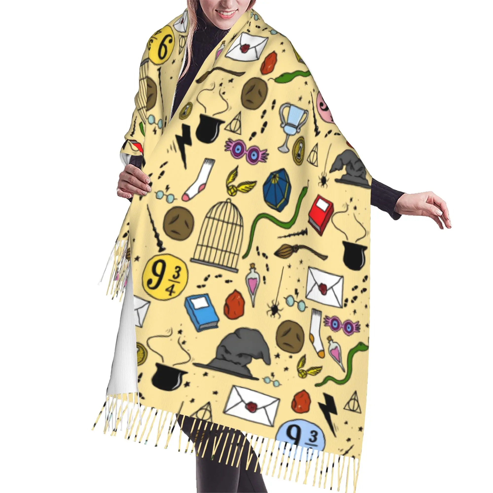 Custom Ladies Long Halloween H-Harryed Scarves Women Winter Fall Thick Warm Tassel Shawl Wrap Magic School Spooky Scarf