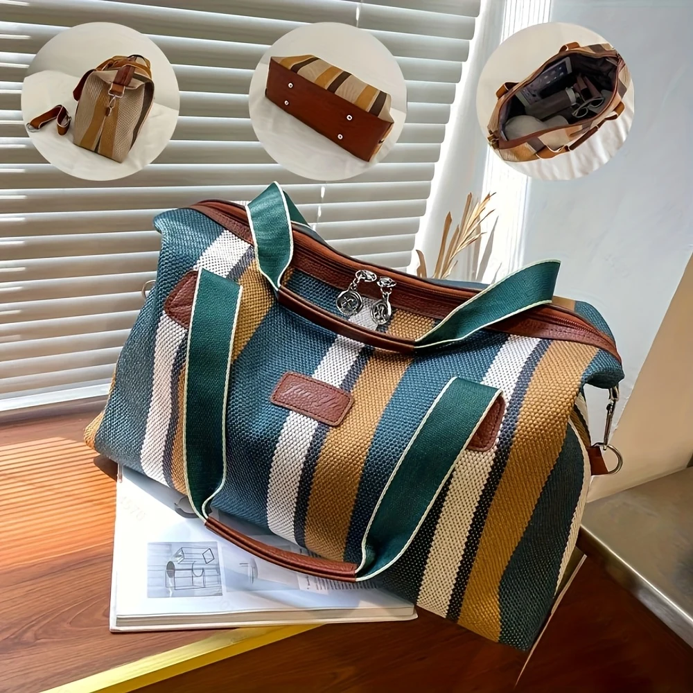 Bolsa de Lona a Rayas Vintage, Bolsa de Viaje de Gran Capacidad con Múltiples Bolsillos y Correa para Carro para Escapadas de Fin de Semana