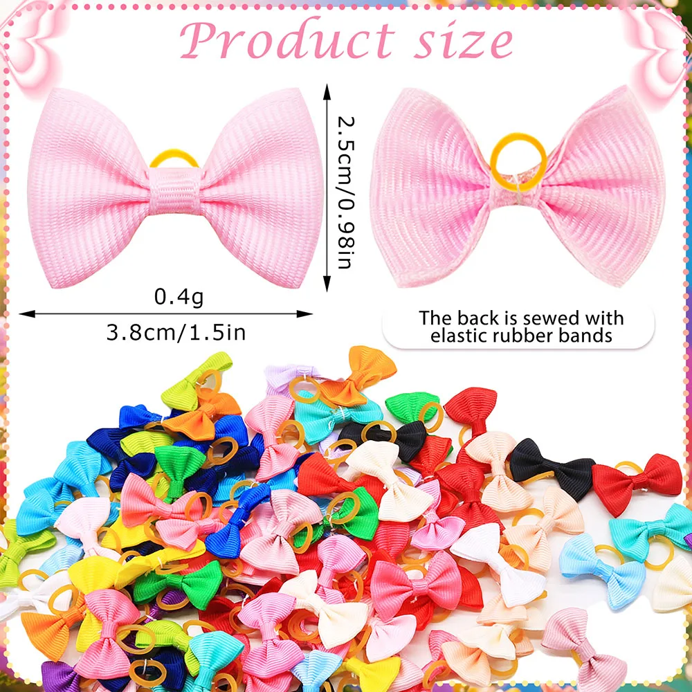 100PCS Mixed Colors Puppy Bows Cute Dog Bows With Rubber Bands Solid Colors Long-hair Pet Hair Accessories For Dogs and Cats
