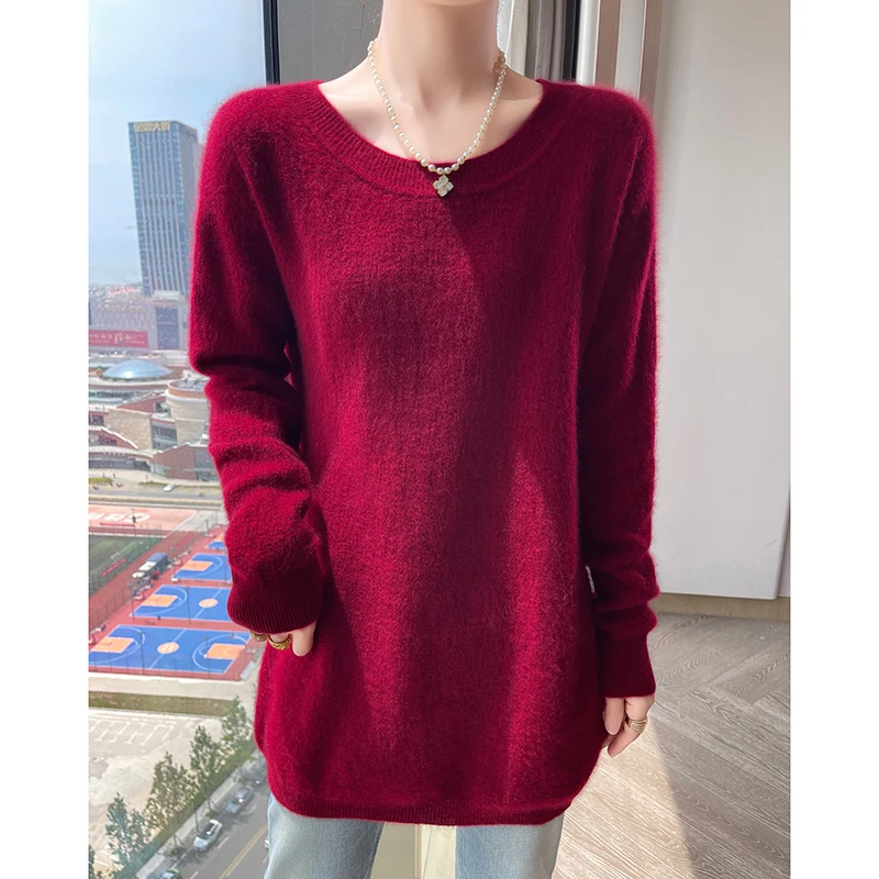 

100% Cashmere Sweater Women's Long Round Neck Pullover With Long Sleeves And Strapless Leisure And Comfortable Cashmere Sweater