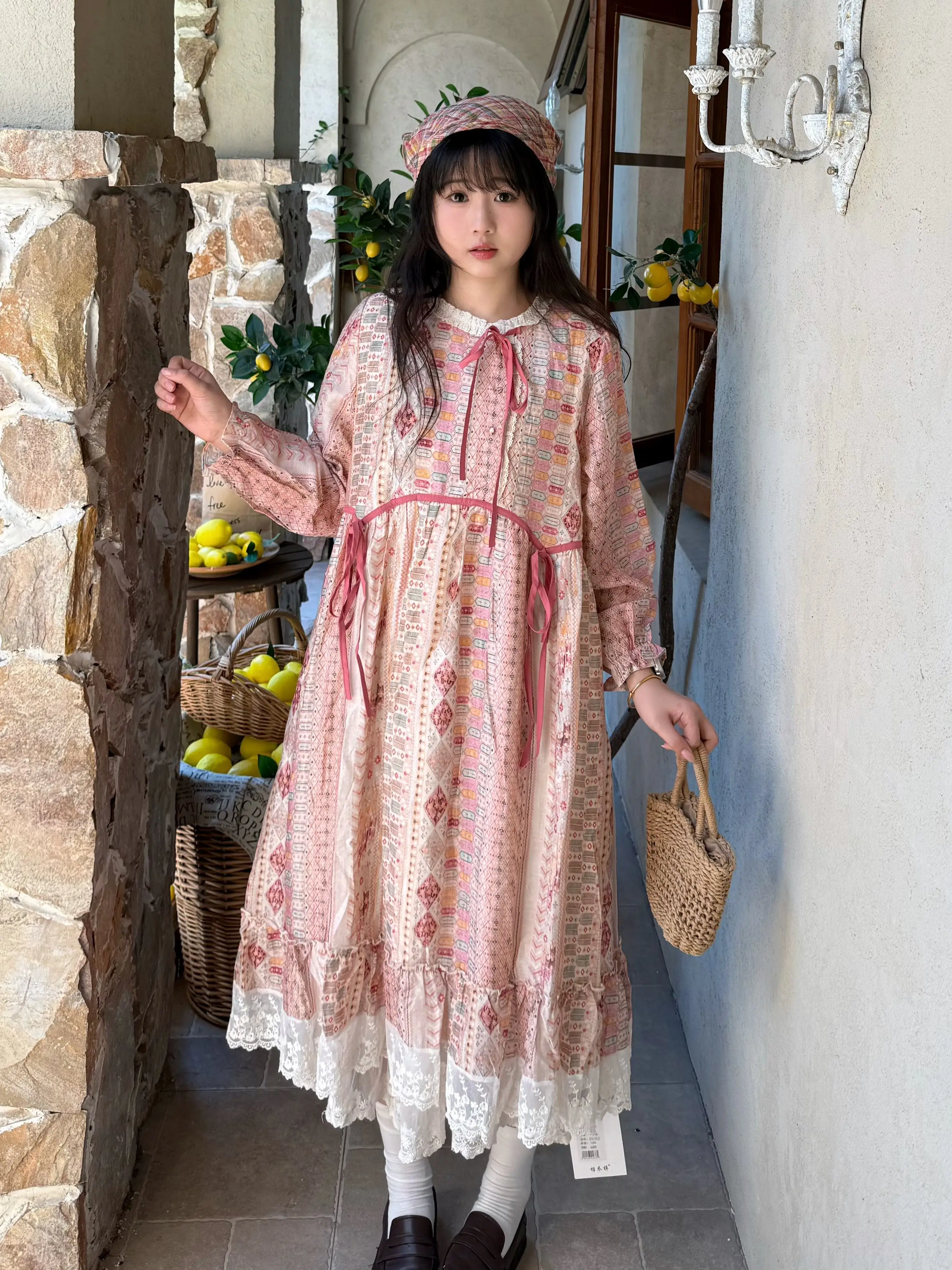 

TIYIHAILEY-высококачественное кружевное лоскутное платье, весенне-осеннее длинное розовое платье до середины икры, свободное платье трапециевидной формы в японском стиле с принтом