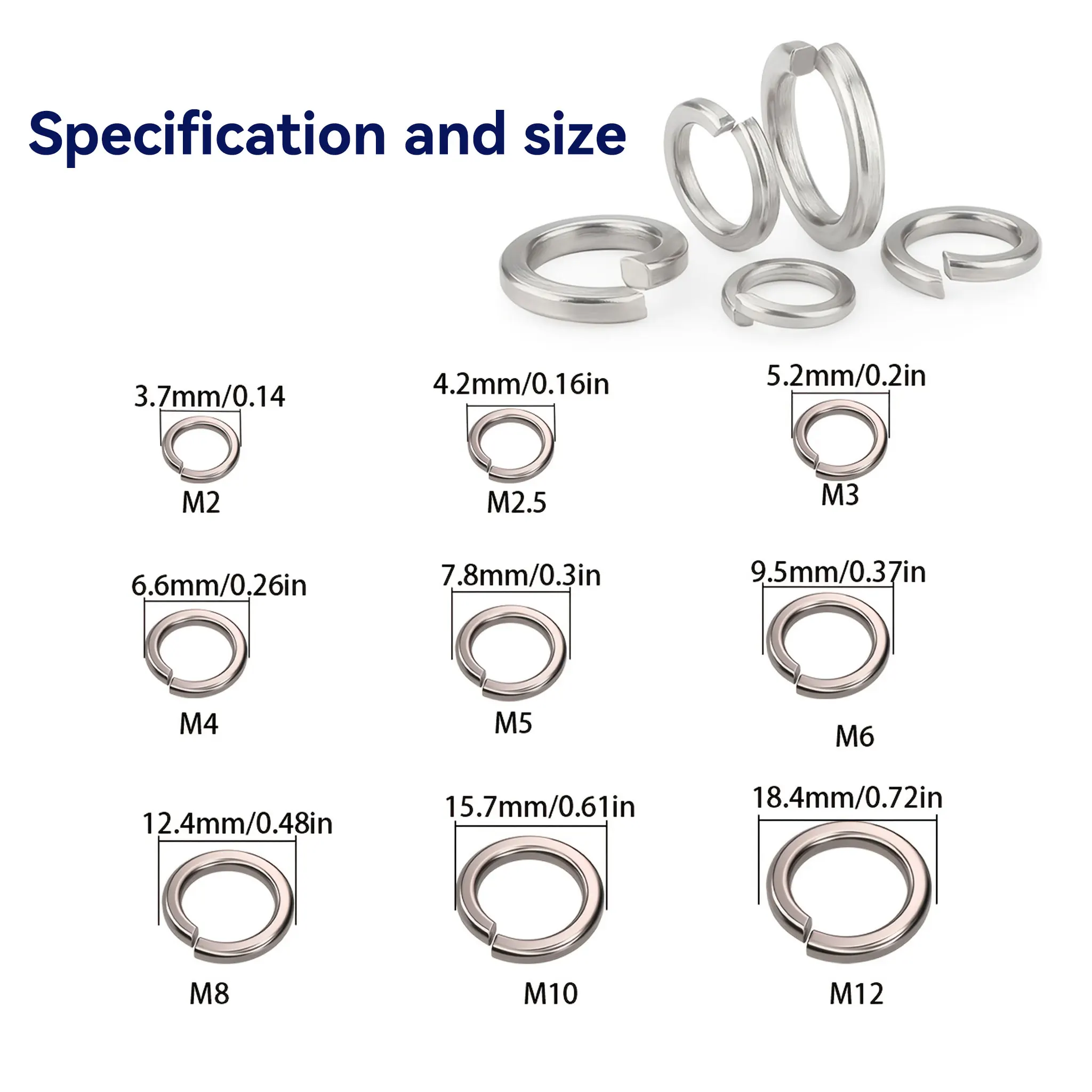 460Pcs Stainless Steel Lock Washer Combination Kit, M2 M2.5 M3 M4 M5 M6 M8 M10 M12 Spring Locking Elastic Washers, Hardware Tool Set, Stainless Steel Anti-Slip Fastener Components, Spring Washers