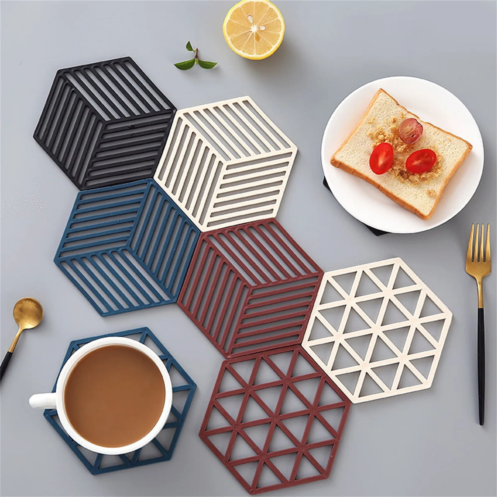 10Pcs/set Heat Resistant Silicone Mat Coaster Food Grade Material Placemat Non-slip Table Hexagon Cup Mat Household Accessories