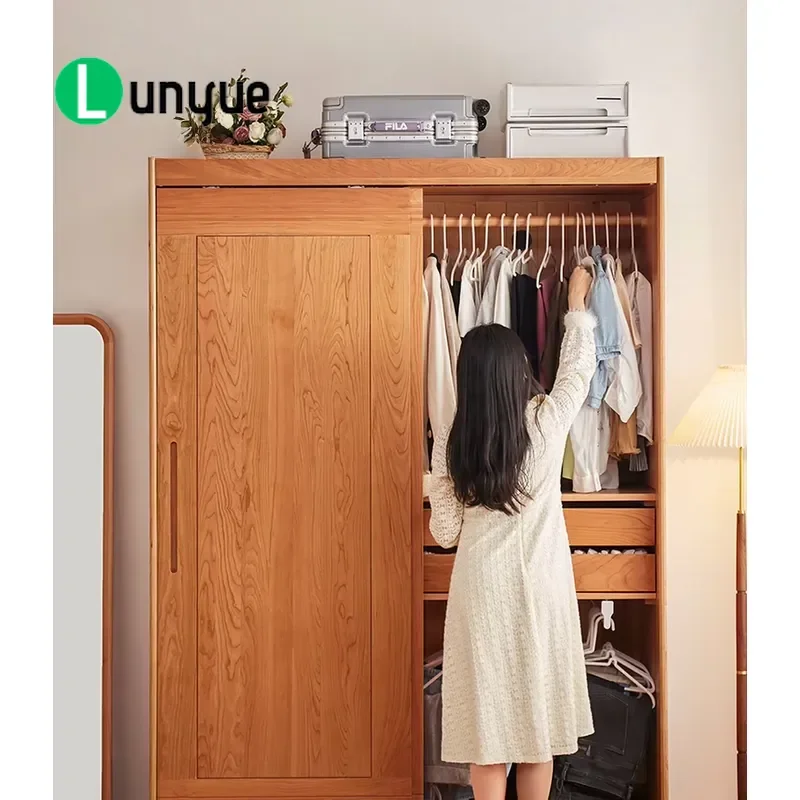 Full Solid Wood Cherry Modern Sliding Door Wardrobe with Drawer Large Capacity Storage Cabinet for Bedroom Dining Room Small