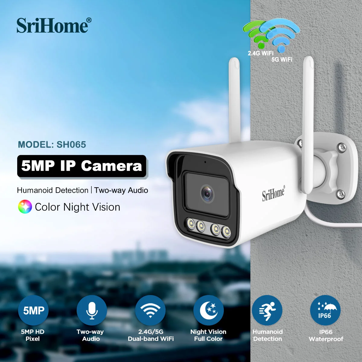 SriHome New Release SH065 5MP Mini 5G Wifi IP Camera Waterproof Video Surveillance Security Outdoor Color Night Vision CCTV Cam