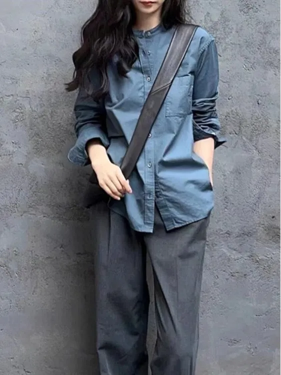 

Loose Long Sve Women's irt Spring New Sle Layering Aosphere Blue Faionable Loose Personali Blouse Top