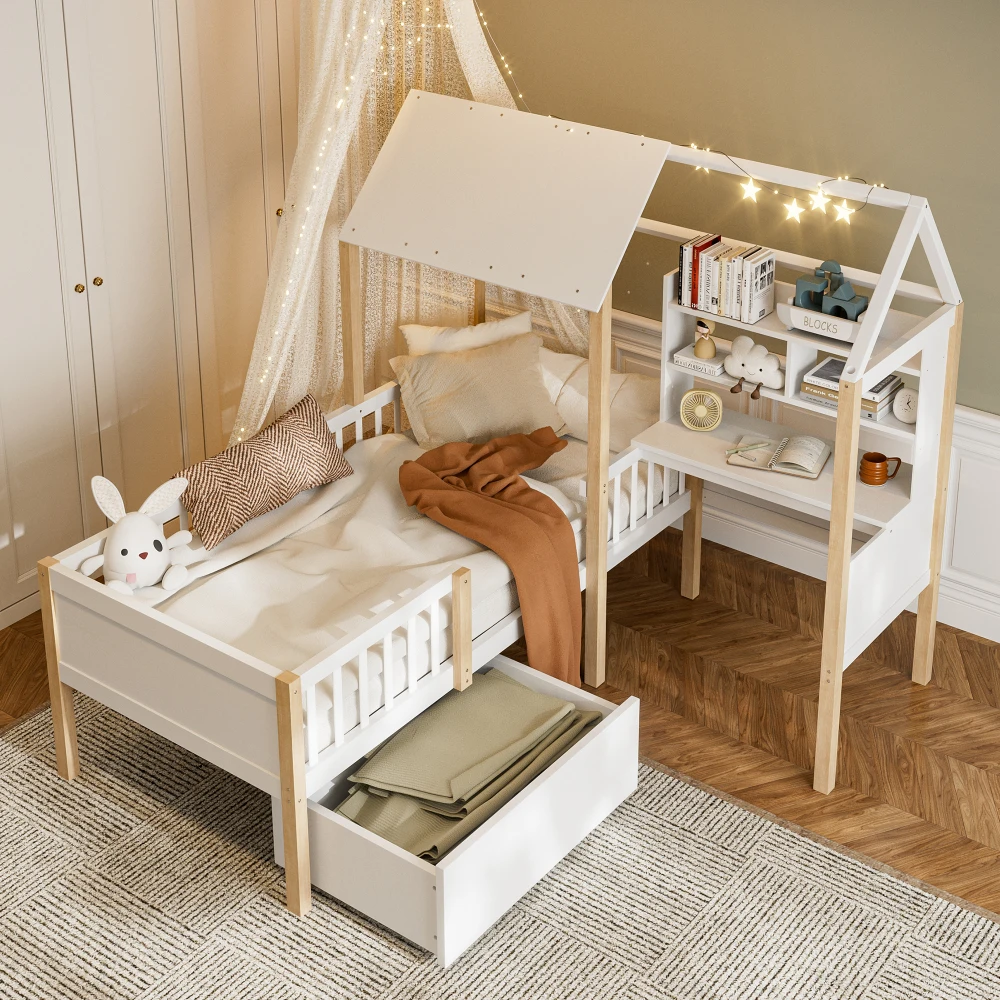 90 x 200 cm großes Kinderbett mit Sicherheitsgeländer, Lattenrost – L-förmiger Schreibtisch, Bücherregal, rollende Schubladen, Massivholz, multifunktionales Kabinenbett